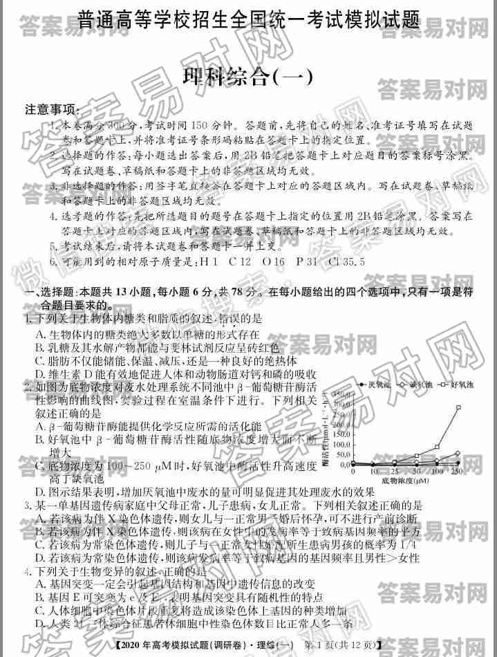 2020年普通高等学校招生全国统一考试模拟试题(调研卷)理科综合(一)答案图片